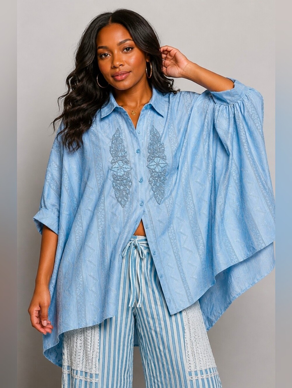 NEW!! POL Light Blue Embroidered Button-Up Poncho Shirt, NWT